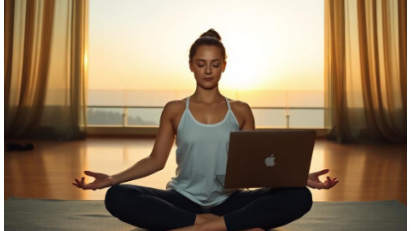 A person meditating cross-legged with a laptop at sunset
